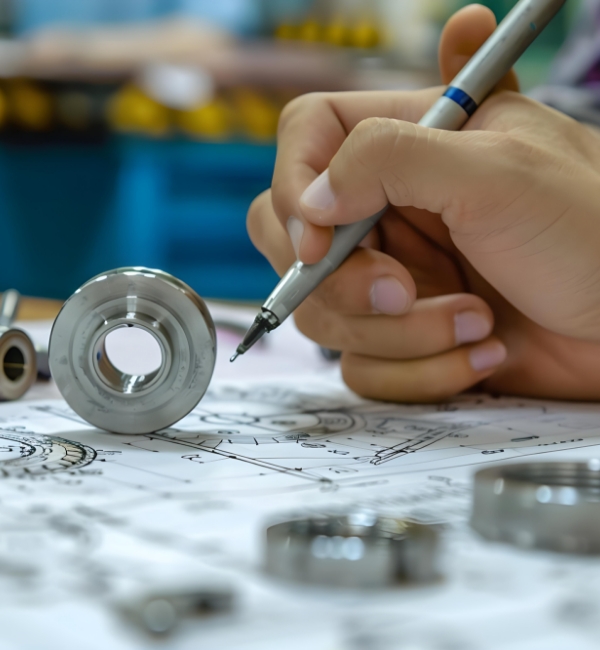 Engineer marking a technical drawing with a precision part nearby
