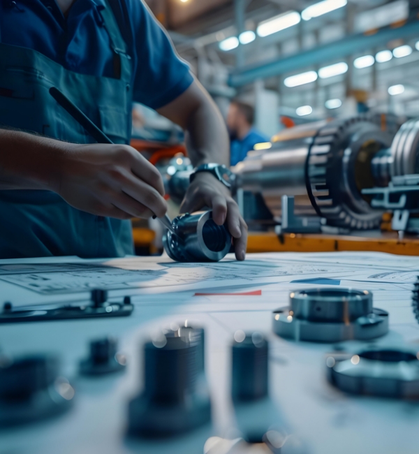 Technician analyzing a part with technical drawings and machinery in the background.